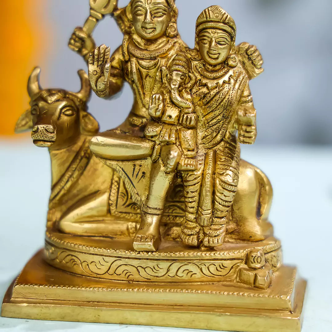 Brass Lord Shiva With Goddess Parvati And Lord Ganesha Seated On Nandi Idol