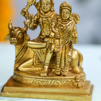 Brass Lord Shiva With Goddess Parvati And Lord Ganesha Seated On Nandi Idol