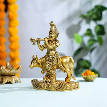 Brass Lord Krishna With Cow Statue