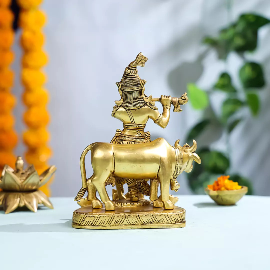 Brass Lord Krishna With Cow Statue