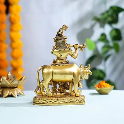 Brass Lord Krishna With Cow Statue