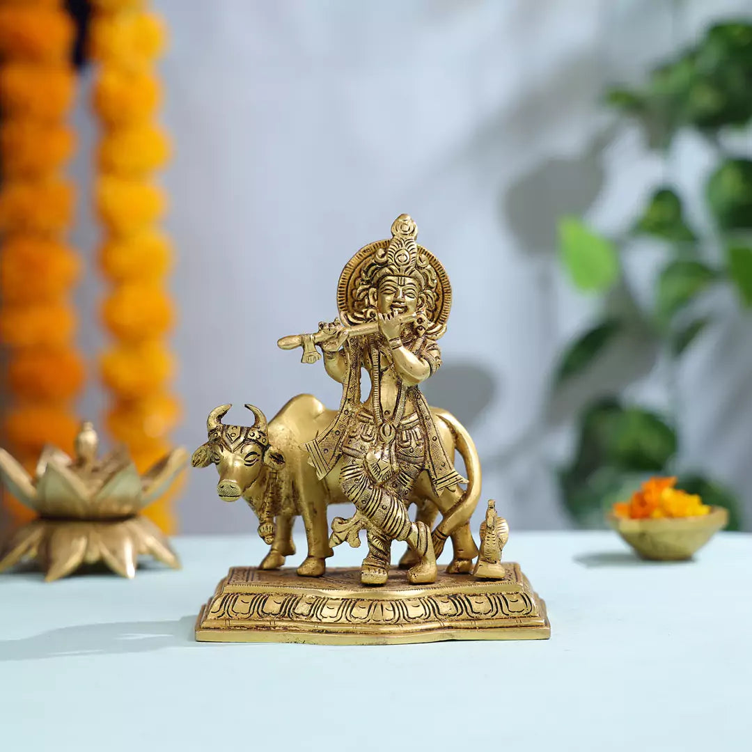Brass Lord Krishna With Cow In Background