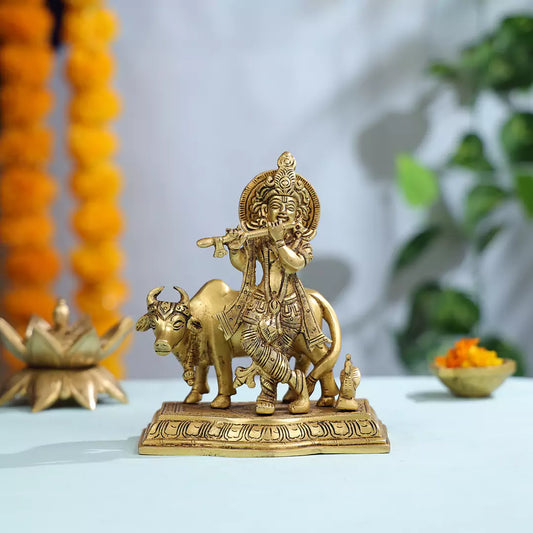 The Brass Lord Krishna With Cow And Peacock Statue