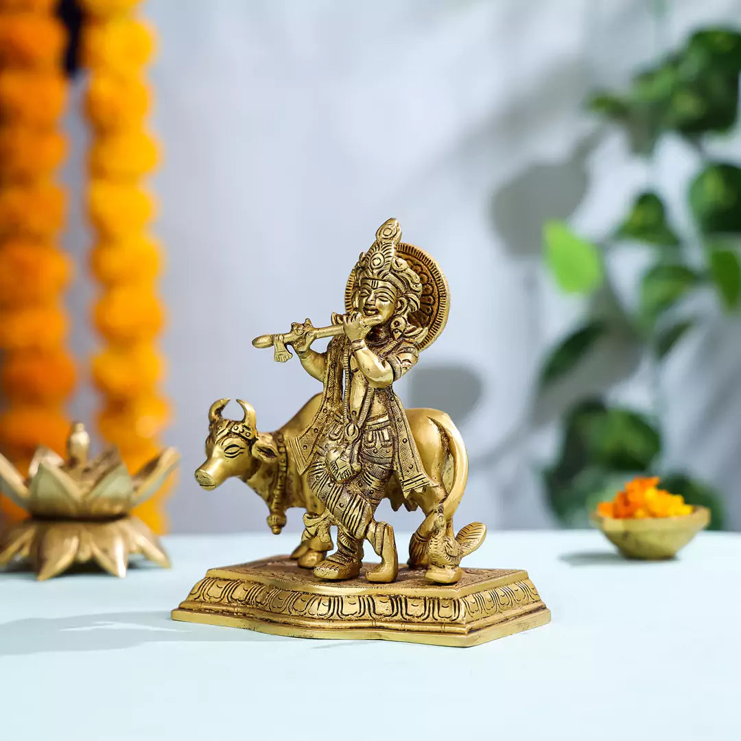 The Brass Lord Krishna With Cow And Peacock Statue