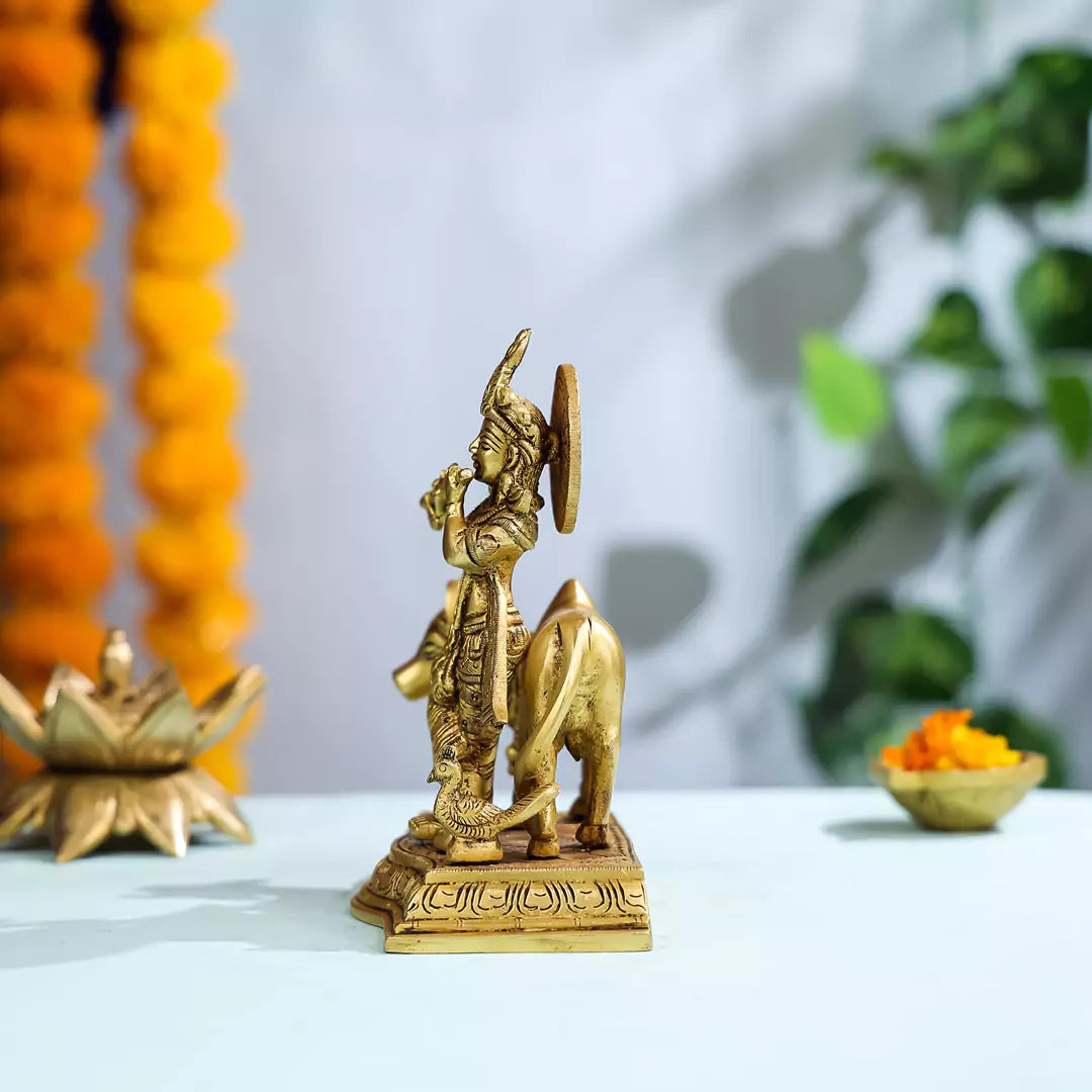 The Brass Lord Krishna With Cow And Peacock Statue