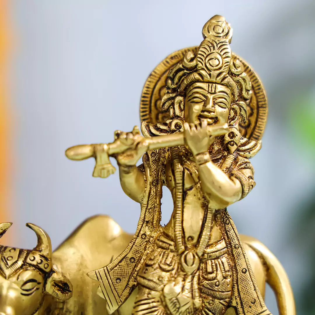 The Brass Lord Krishna With Cow And Peacock Statue