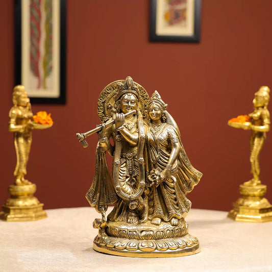 13" Brass Radha Krishna Idol with Peacock on Lotus Base 