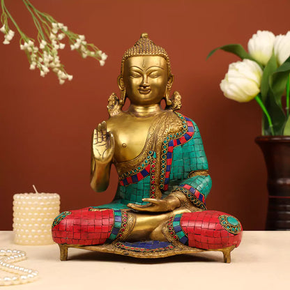 Colourful Brass Lord Buddha In Abhaya Mudra Idol