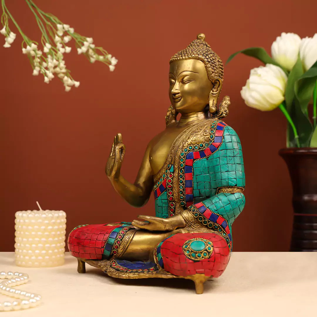 Colourful Brass Lord Buddha In Abhaya Mudra Idol