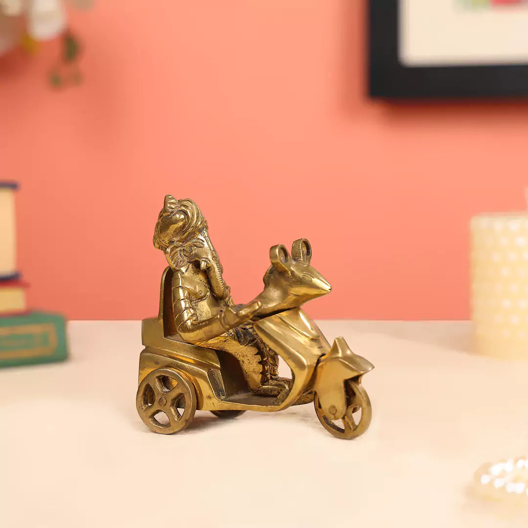 Brass Lord Ganesha On Scooter Statue