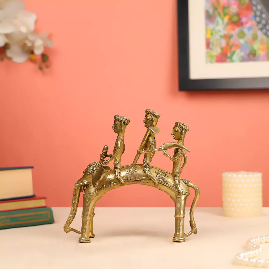 Brass Dhokra Three Tribal Rider On Elephant Statue