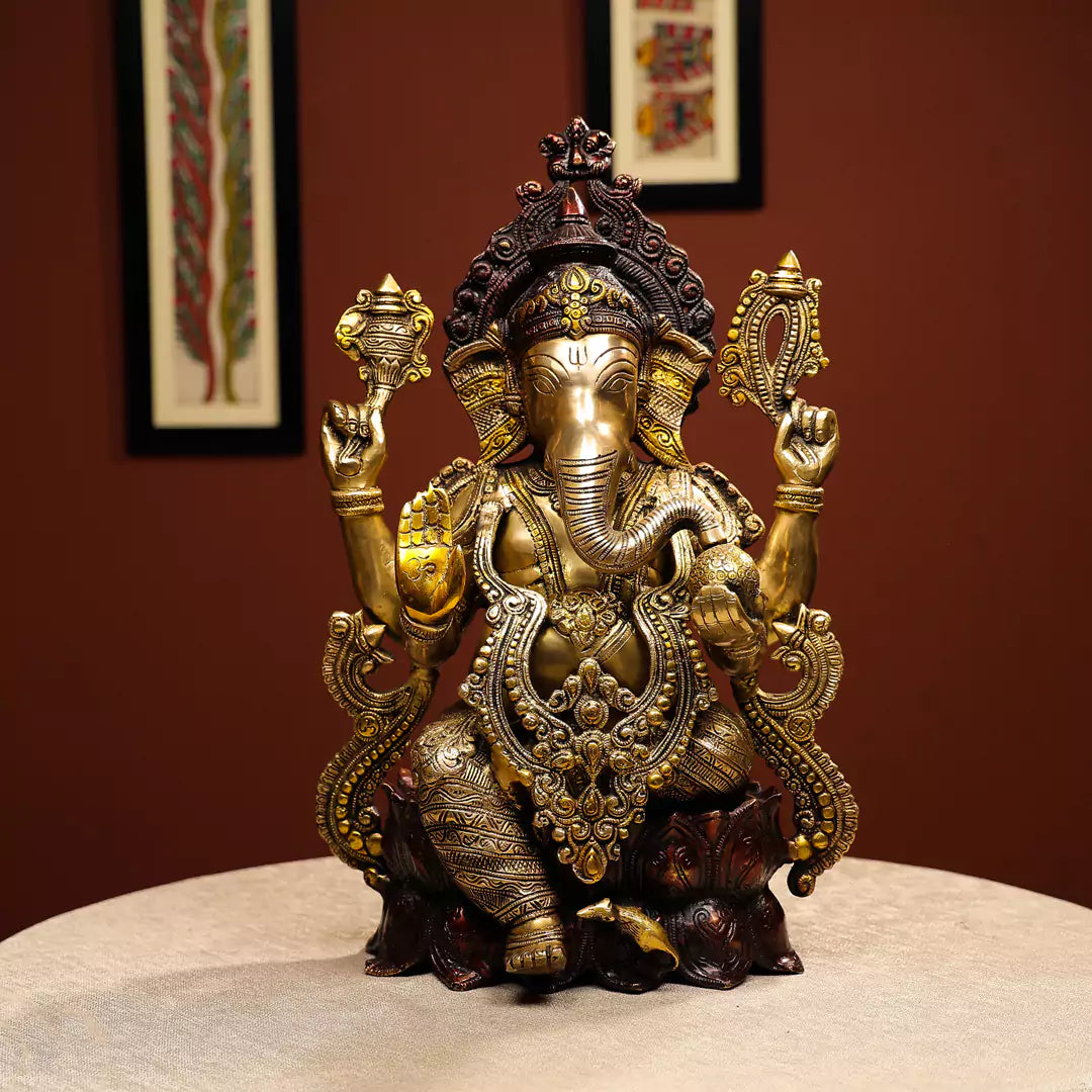 Brass Lord Ganesha Seated On Lotus Pedestal Idol