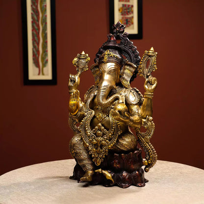 Brass Lord Ganesha Seated On Lotus Pedestal Idol