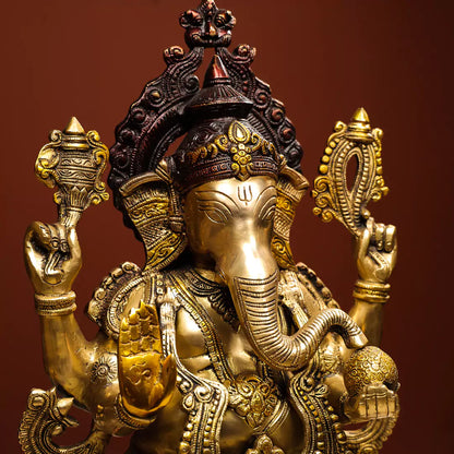 Brass Lord Ganesha Seated On Lotus Pedestal Idol