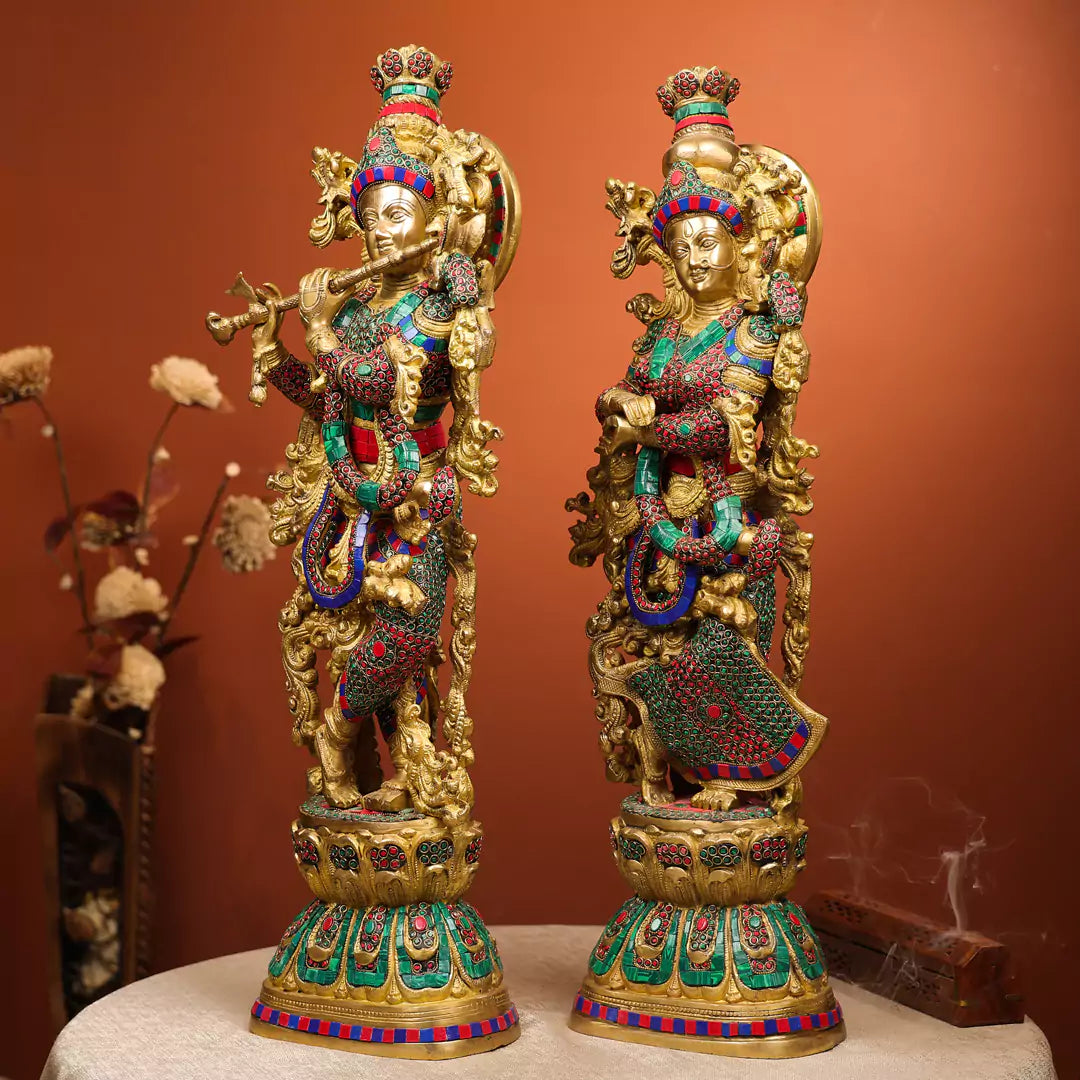 Colourful Brass Idol Of Lord Krishna And Shree Radha