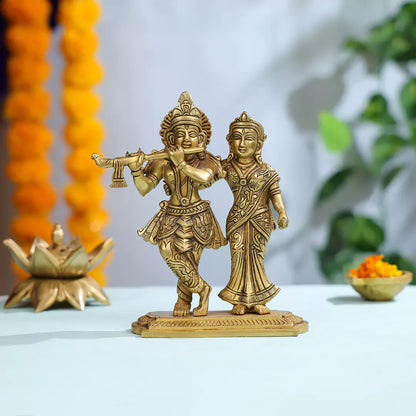 Brass Shree Radha And Lord Krishna Standing On Pedestal Idol