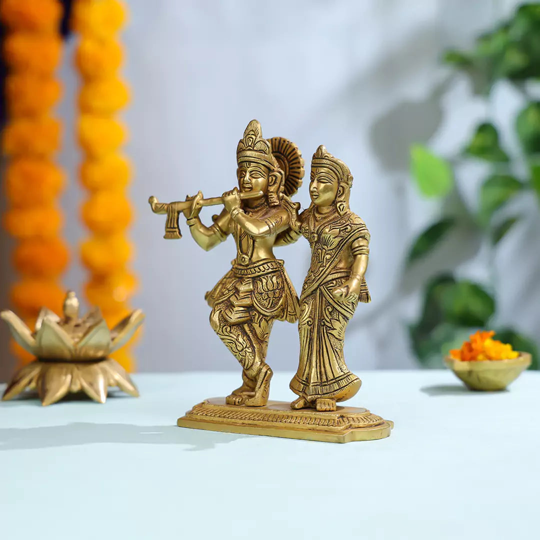 Brass Shree Radha And Lord Krishna Standing On Pedestal Idol