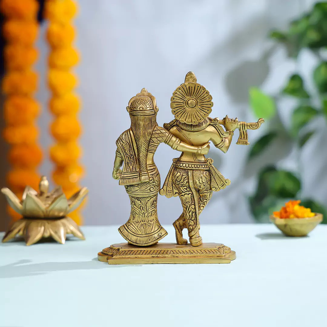 Brass Shree Radha And Lord Krishna Standing On Pedestal Idol