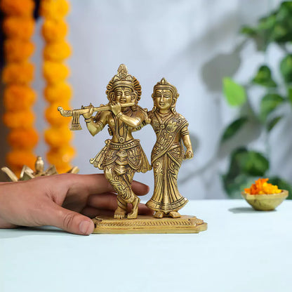 Brass Shree Radha And Lord Krishna Standing On Pedestal Idol