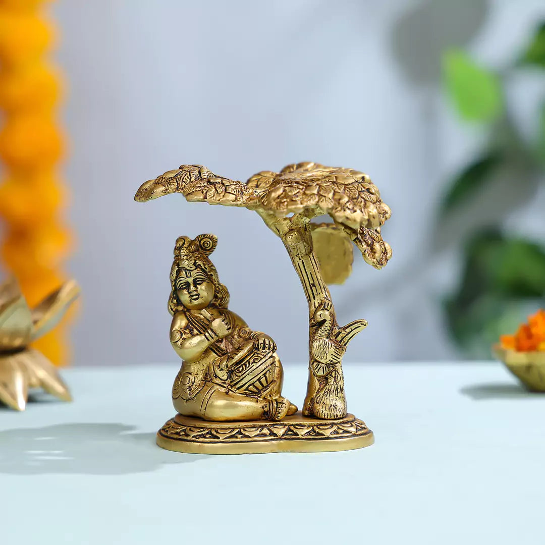 Brass Baby Lord Krishna Eating Makhan Under Tree