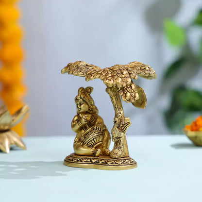 Brass Baby Lord Krishna Eating Makhan Under Tree