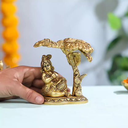 Brass Baby Lord Krishna Eating Makhan Under Tree