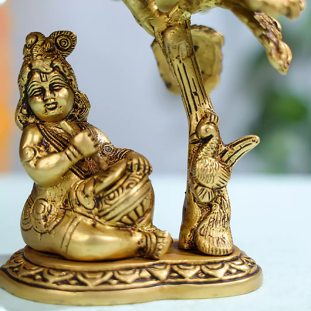 Brass Baby Lord Krishna Eating Makhan Under Tree