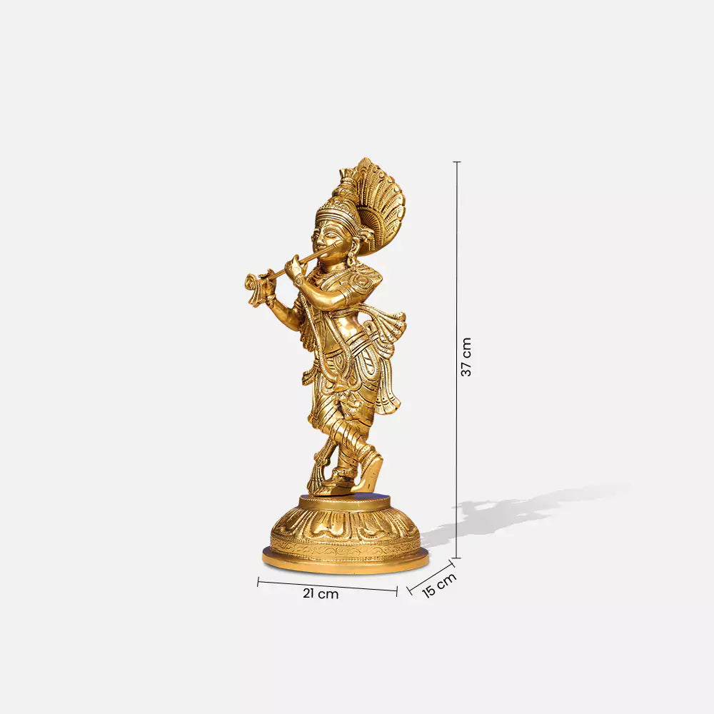15" Brass Lord Krishna Murlidhar Idol Standing On Leaf Design Base