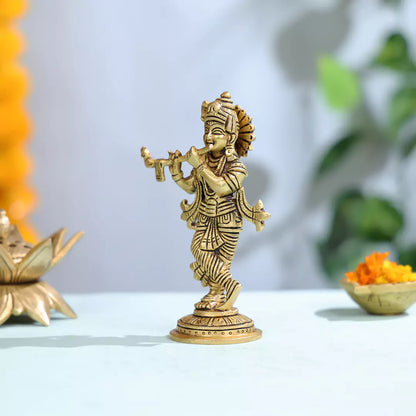 Brass Lord Krishna Playing Flute Idol