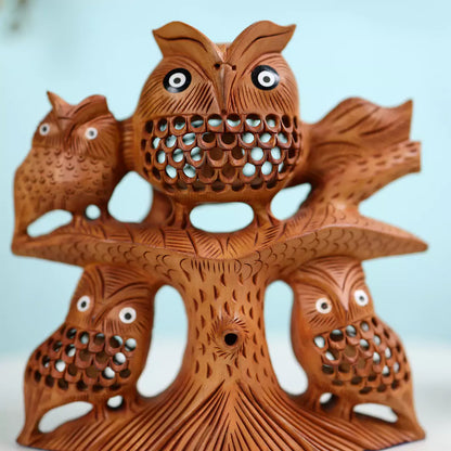 Handcrafted Wooden Owl Family