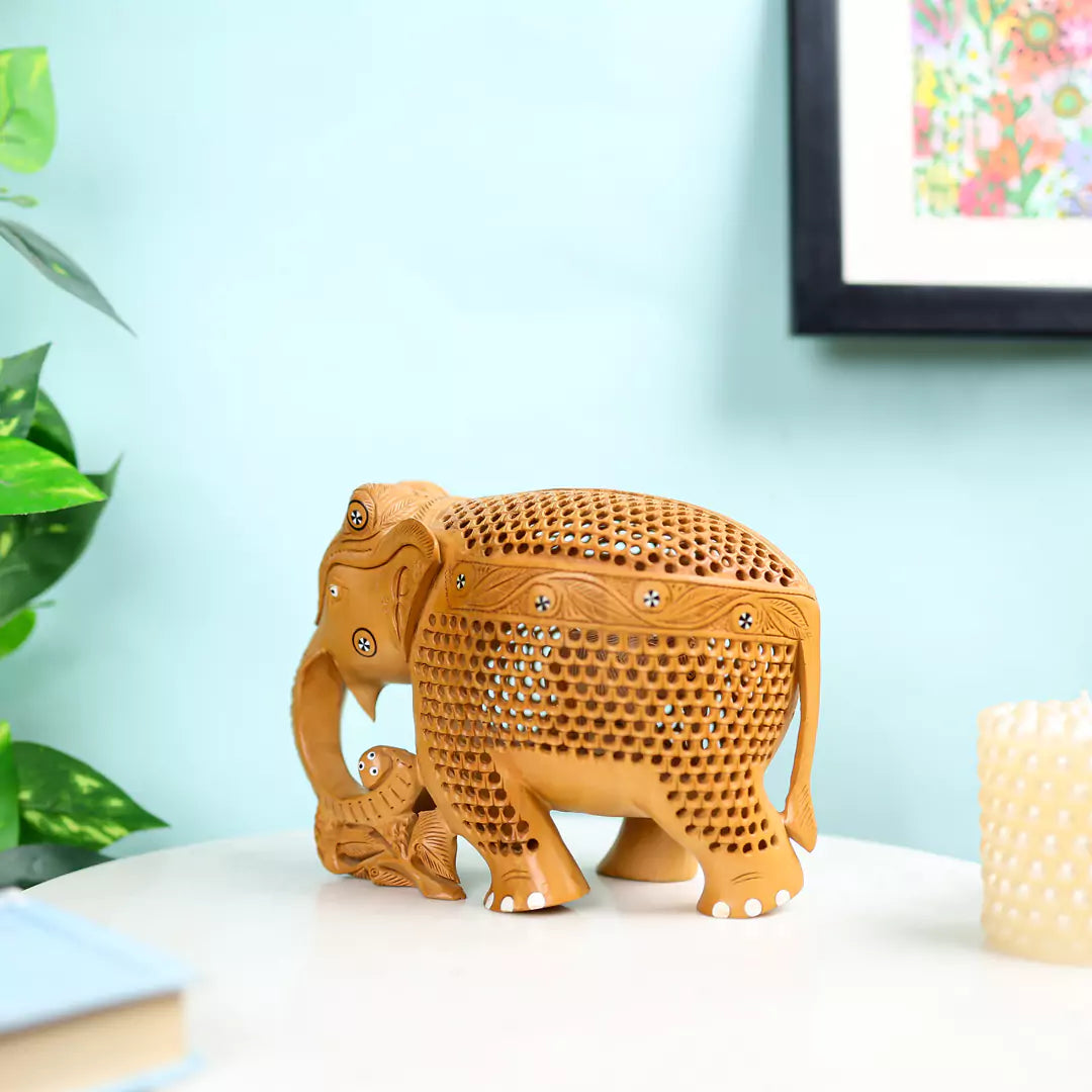 Wooden Jali Carving Elephant Idol