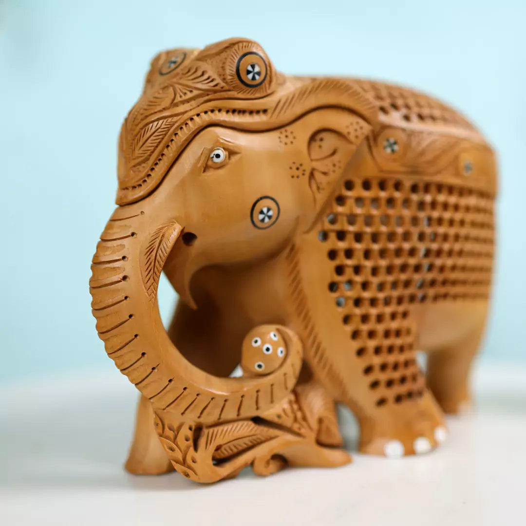 Wooden Jali Carving Elephant Idol