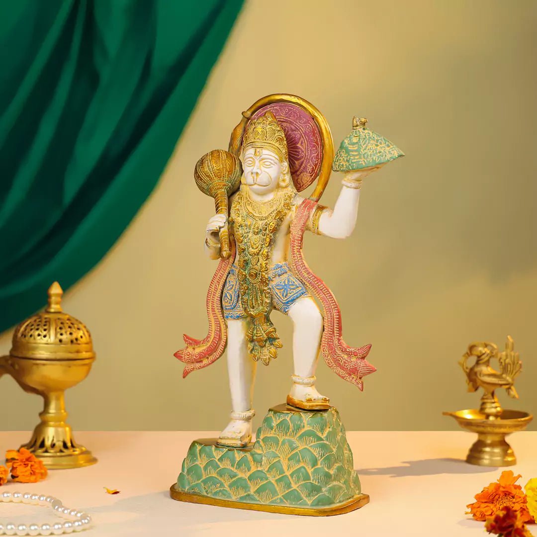 15" Coloured Brass Hanuman Idol Carrying Sanjeevani Mountain in Standing Pose 2