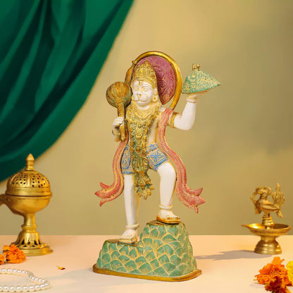 15" Coloured Brass Hanuman Idol Carrying Sanjeevani Mountain in Standing Pose 2