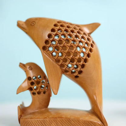 Hand Carved Netted Dolphin Mother And Child Statue