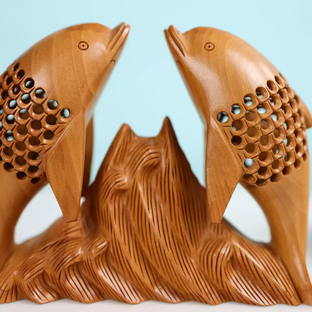 Handcrafted Kadam Wood Dolphin Pair statue