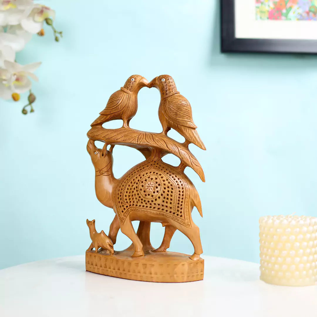 Wooden Camel And Parrot Sculpture