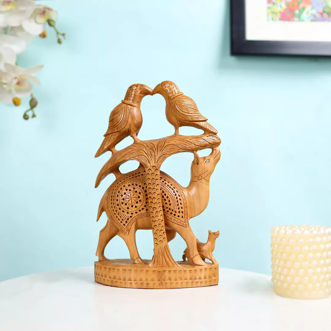 Wooden Camel And Parrot Sculpture