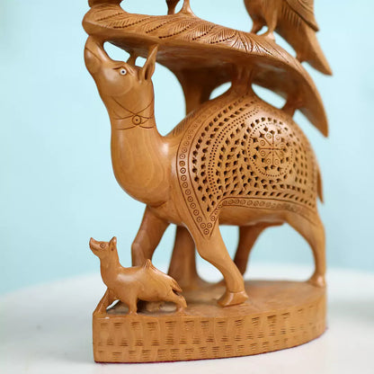 Wooden Camel And Parrot Sculpture