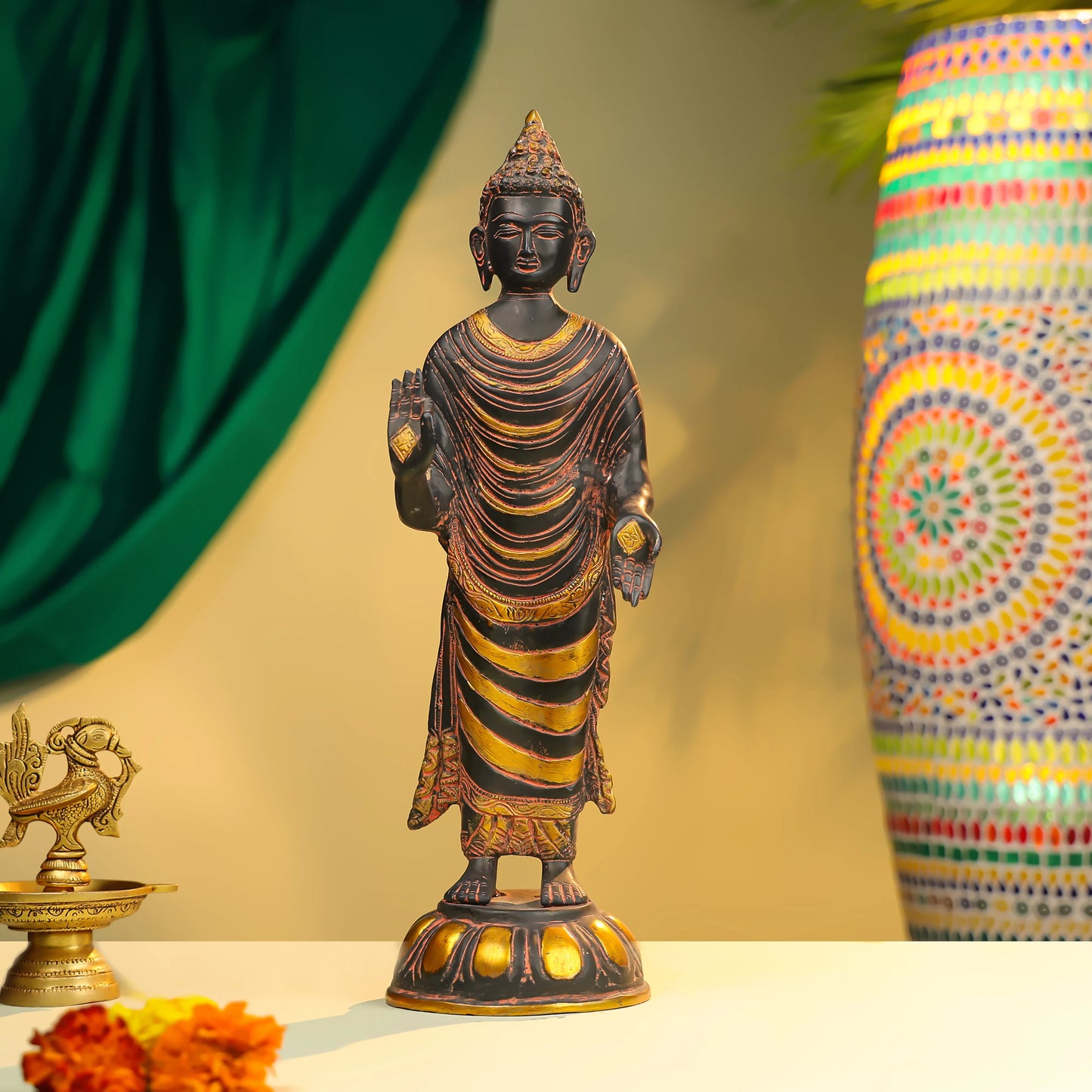 16" Coloured Brass Lord Buddha Standing