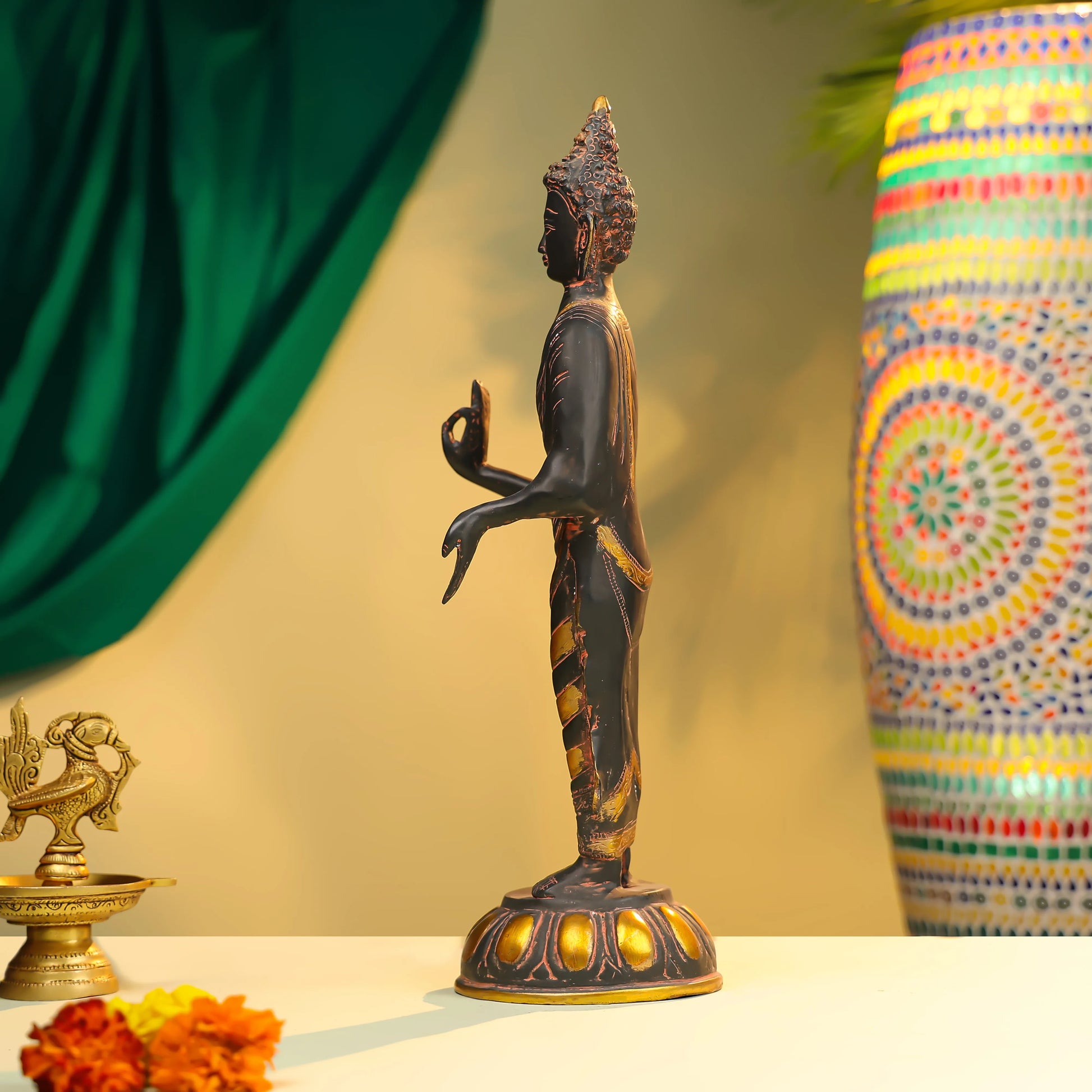 16" Coloured Brass Lord Buddha Standing 2