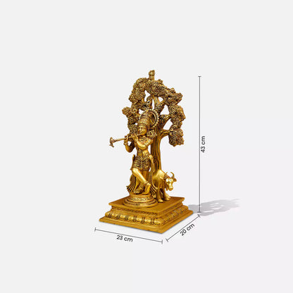 17" Brass Lord Krishna Murlidhar Idol Fluting With Cow Background Under The Tree