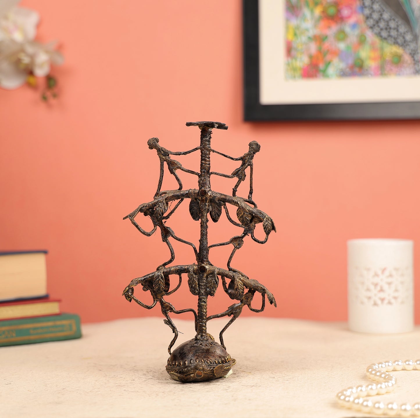 9" Dhokra Art Coloured Tribal Tree of Life on Tortoise Table Decor