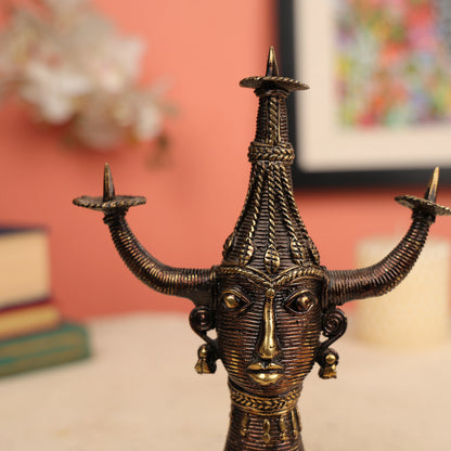 9" Dhokra Art Coloured Tribal Woman Head Candle Holder