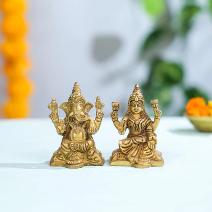 3.5" Brass Superfine Lord Ganesha & Laxmi Idol Pair Seated on Pedestal