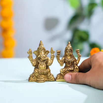 3.5" Brass Superfine Lord Ganesha & Laxmi Idol Pair Seated on Pedestal