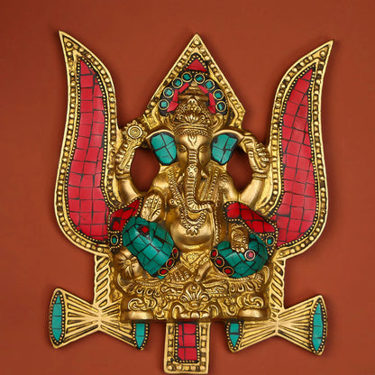 Brass Ganesha Wall Hanging with Stone Work - 3