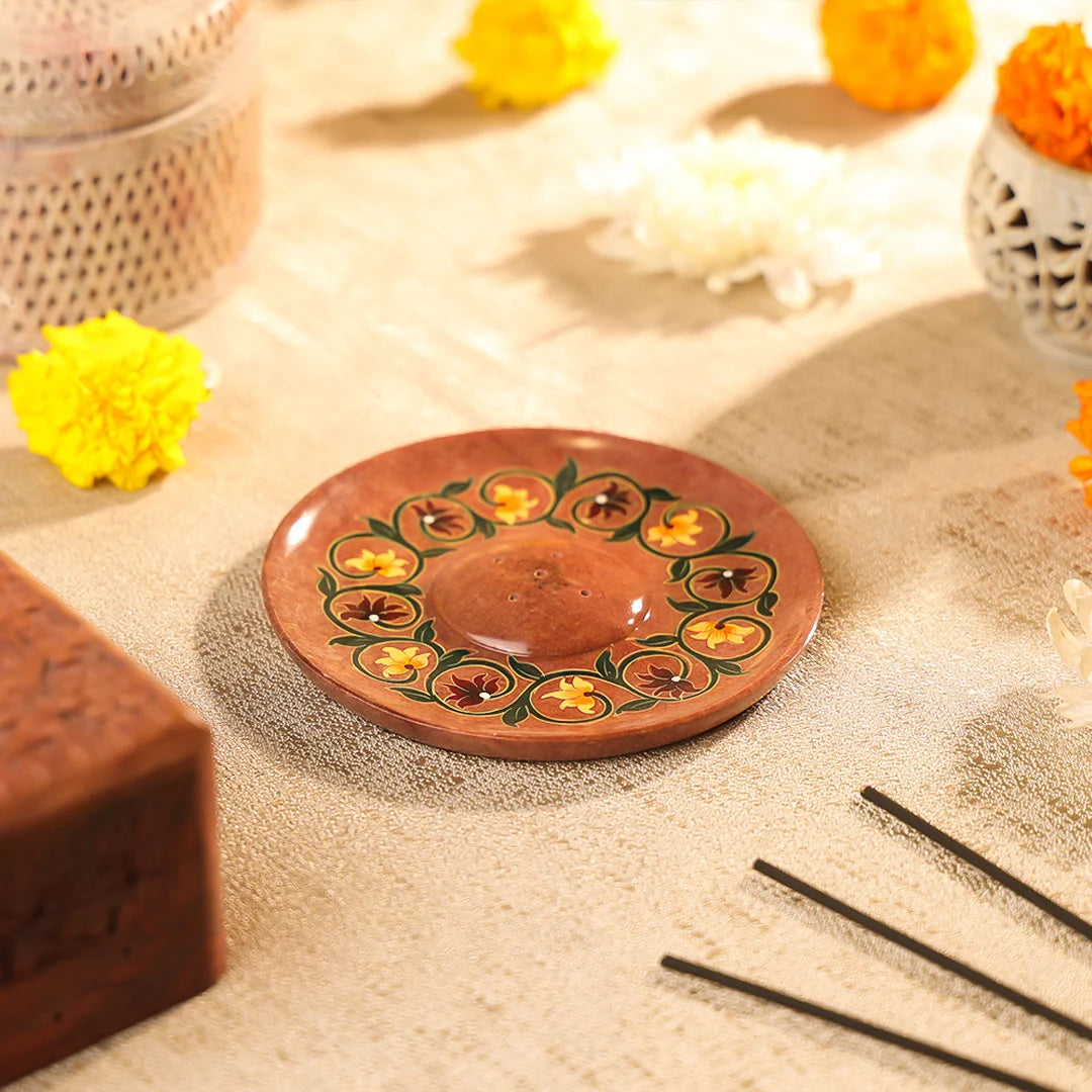 Hand Painted Stone Crafted Circular Shaped Floral Incense Holder Plate