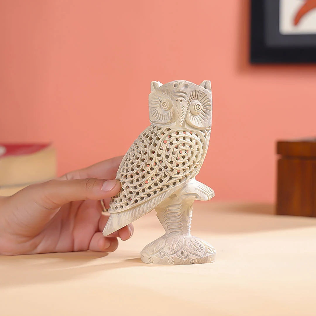 Stone Carved Undercut Owl Figure Table Decor - Large