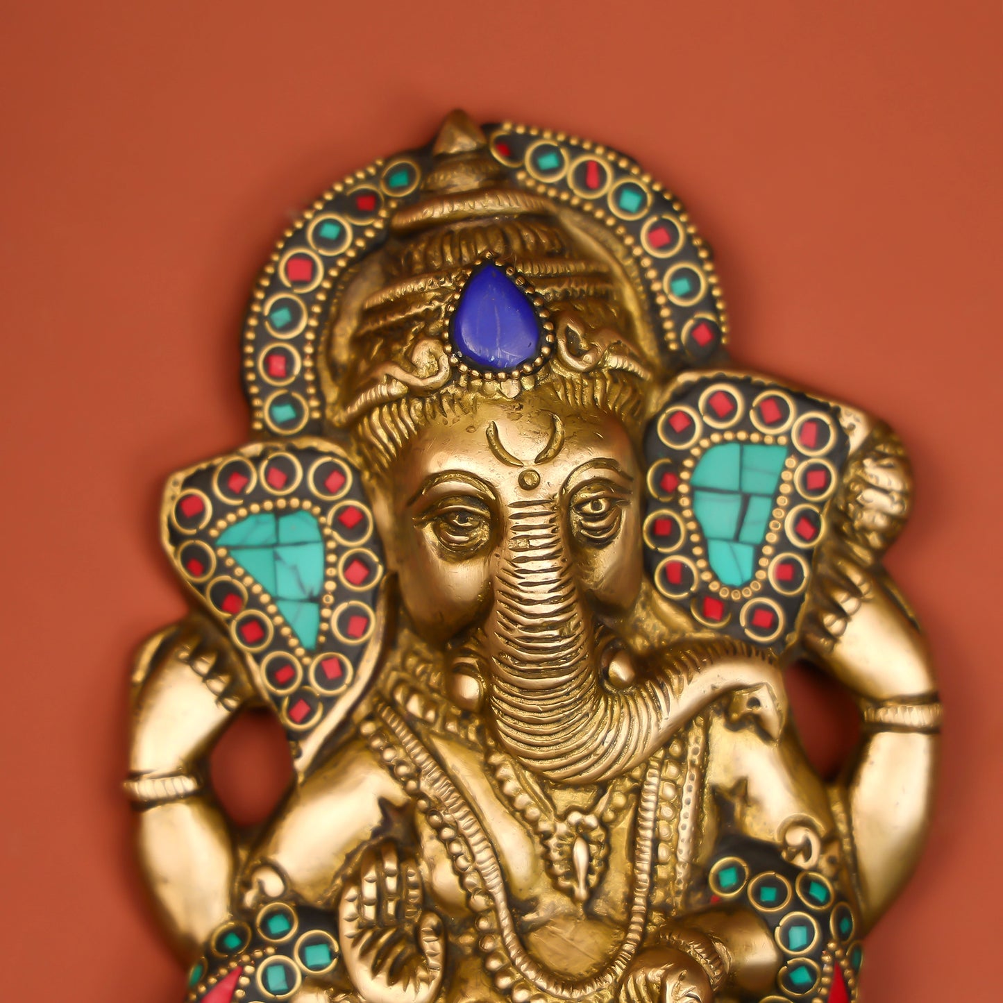 Divine Ganesha Brass Inlay Stonework Idol